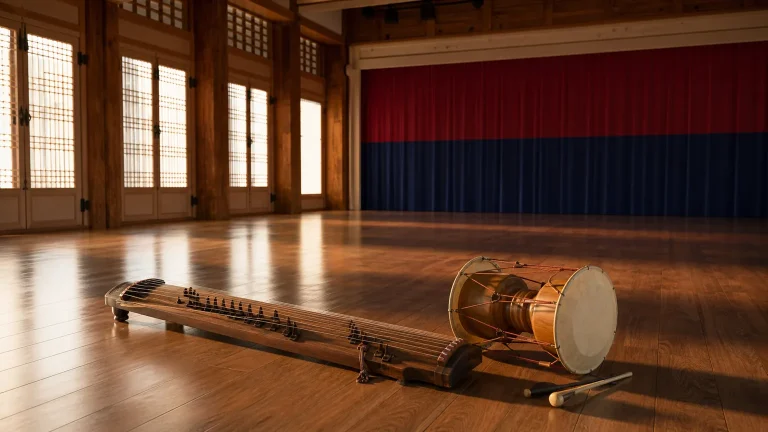 Traditional Korean instruments in a warm rehearsal space