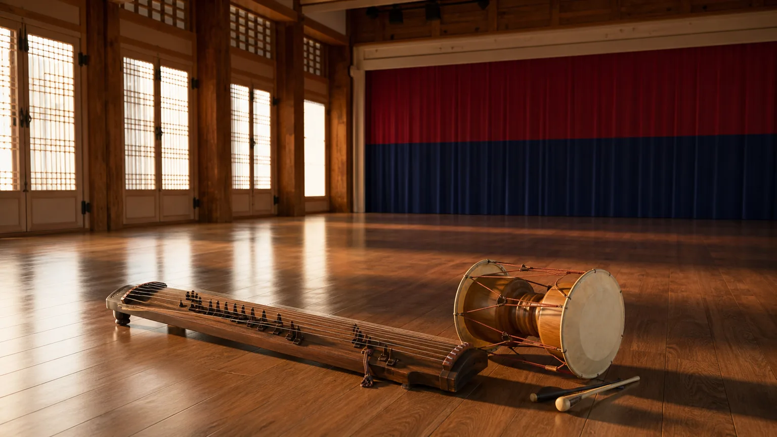 Traditional Korean instruments resting in a warmly lit rehearsal room