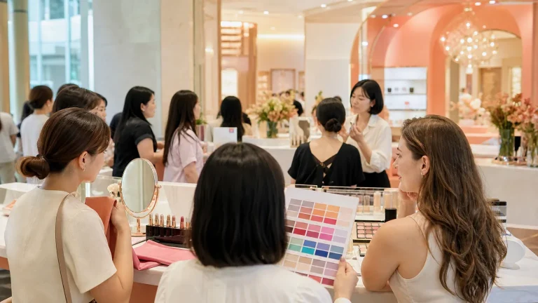 Visitors exploring a bright Korean beauty event with color-analysis swatches
