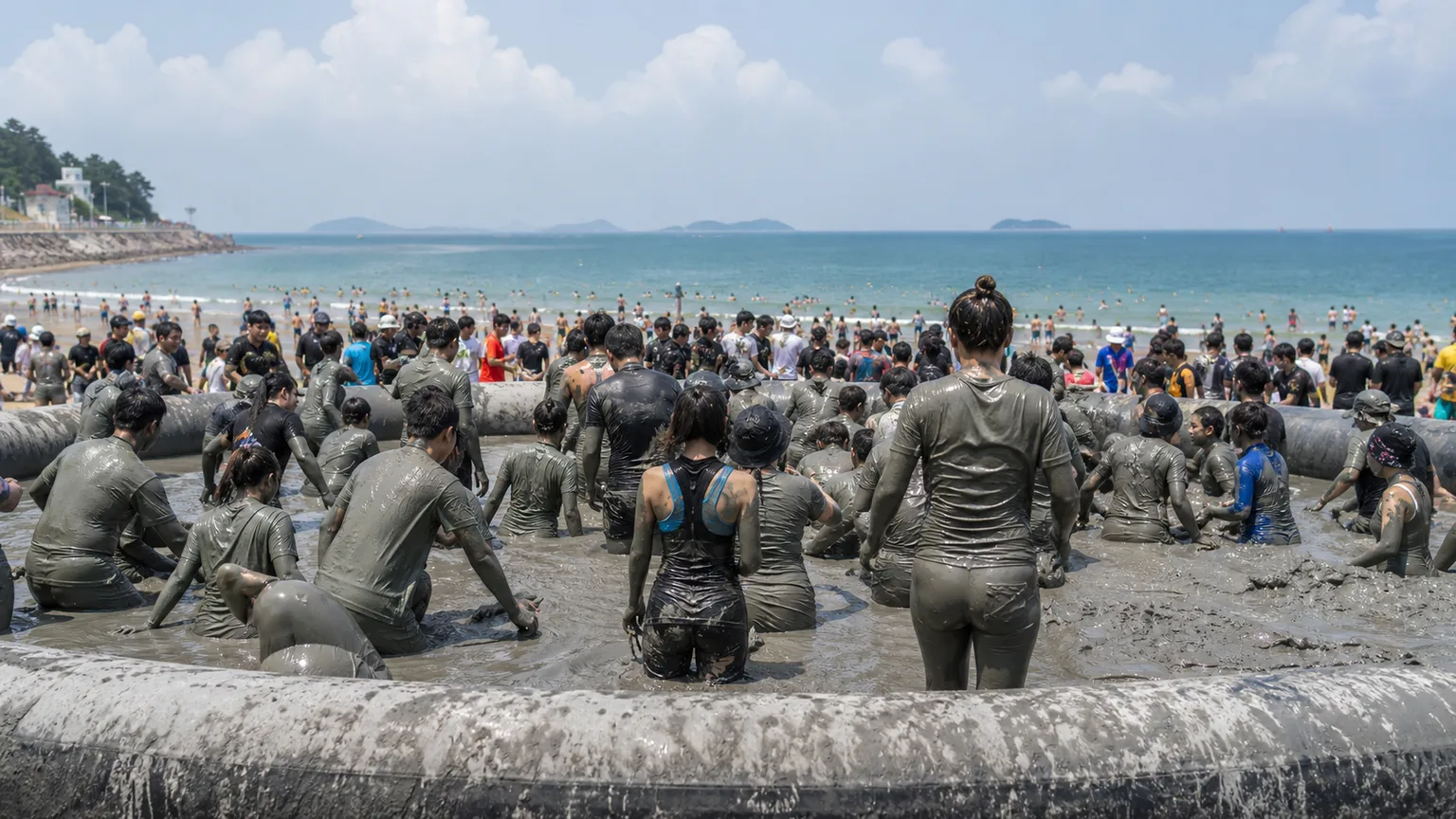 Adults enjoying a mud activity zone at a Korean summer beach festival.