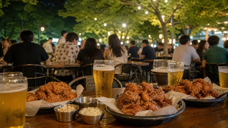 Shared Korean fried chicken meal in an outdoor evening setting