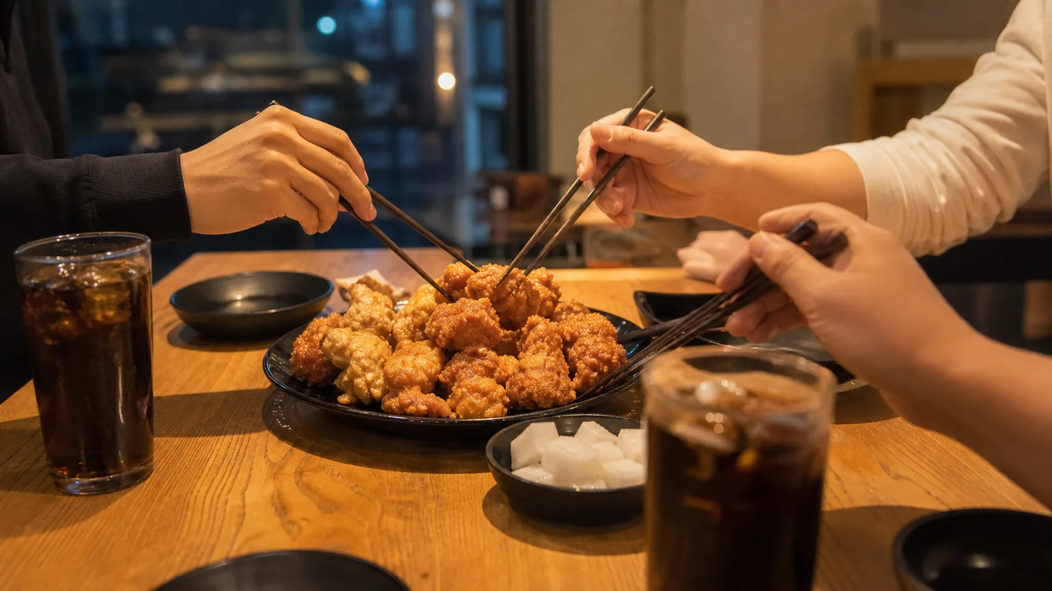 Adult diners sharing Korean fried chicken with chopsticks at a restaurant table