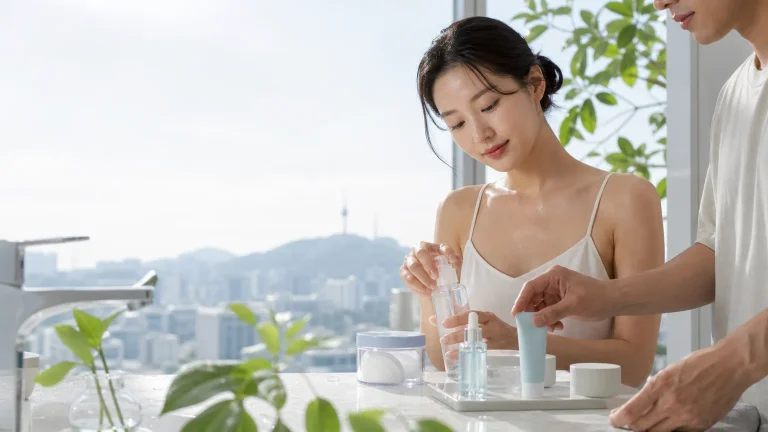 Korean summer skincare products on a bright bathroom counter with a Seoul view