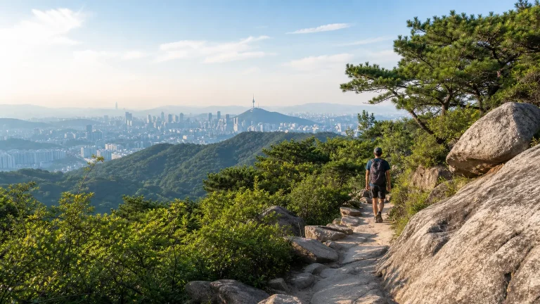 A sunny Seoul mountain trail with a city skyline and green ridges in the distance