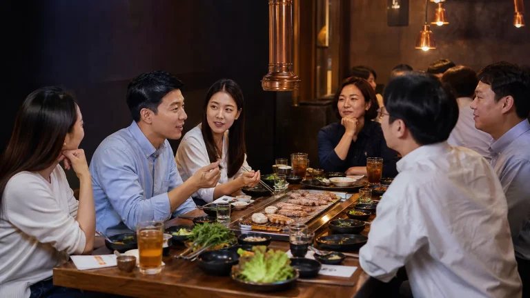 Coworkers sharing a relaxed Korean barbecue dinner at a Seoul restaurant after work