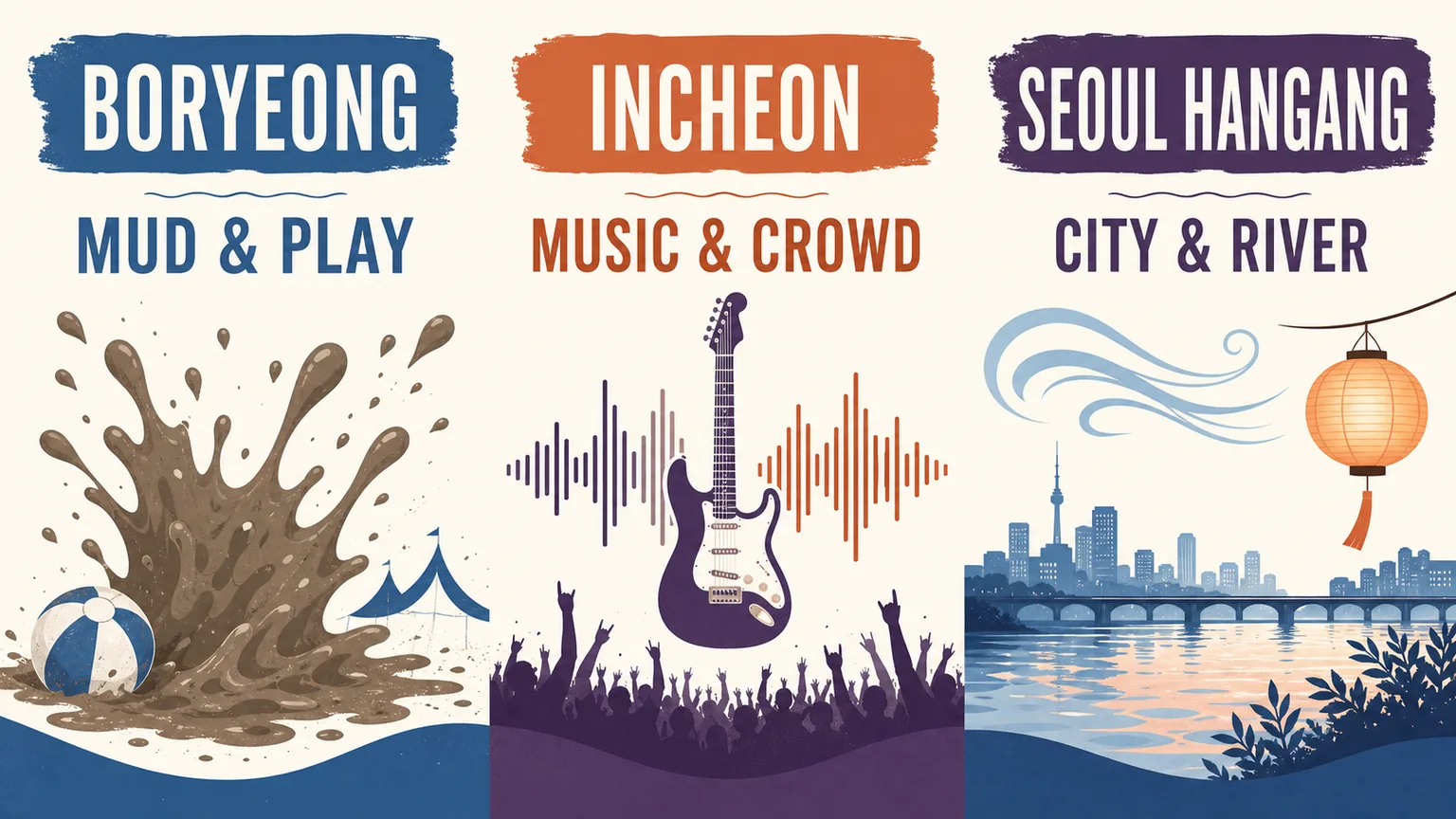 Infographic comparing Boryeong mud and play, Incheon music and crowd, and Seoul Hangang city and river.