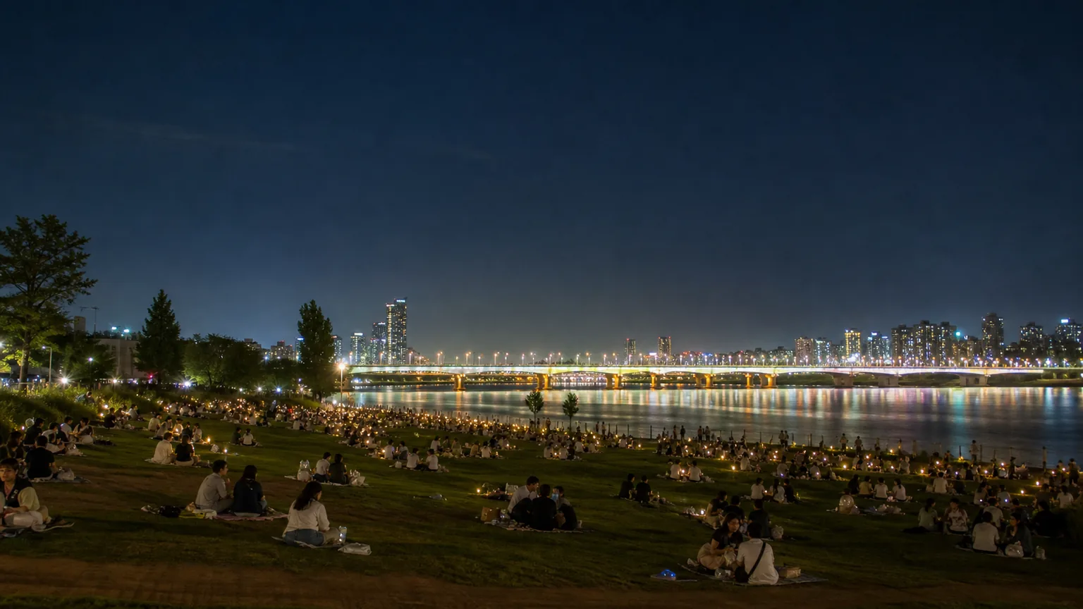 A Seoul Han River park at summer night with bridge lights reflecting on the water
