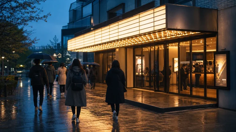Modern Seoul cinema exterior at dusk