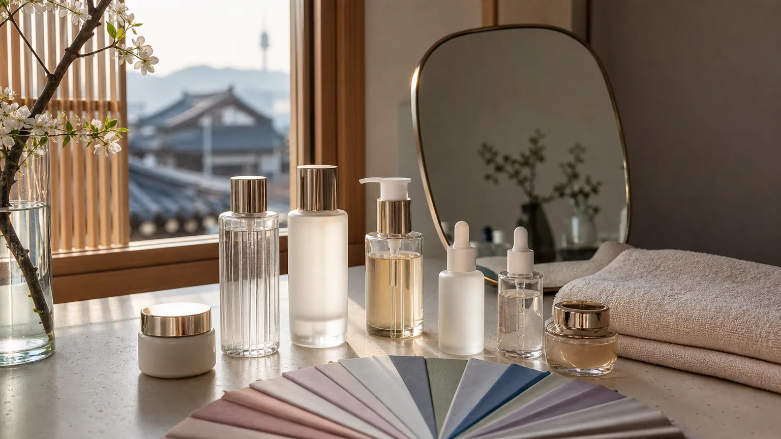 A calm Seoul beauty consultation space with color swatches and a mirror