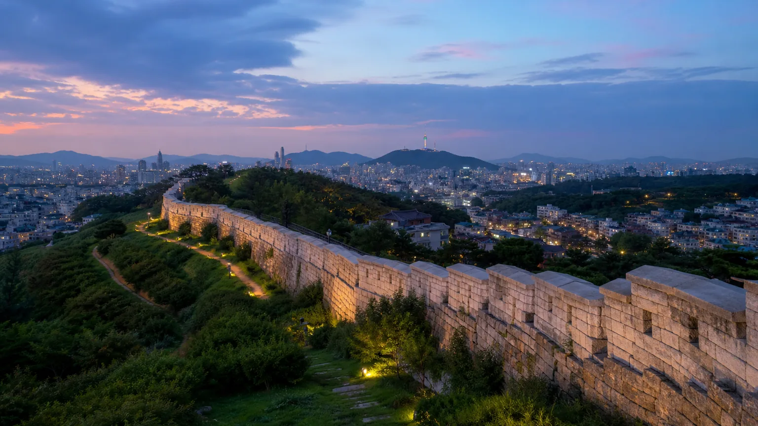 A stone section of the Seoul City Wall curving along Naksan Park at dusk