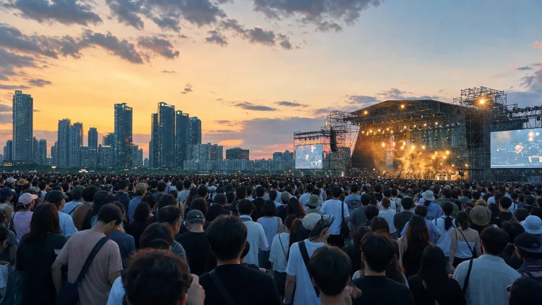 Adult crowd at an open-air summer music festival in Songdo, Incheon.
