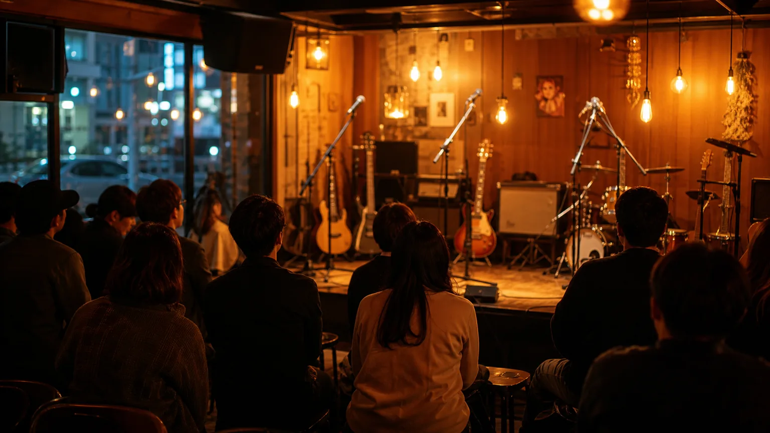 Adult audience watching an intimate live-music performance in Incheon.
