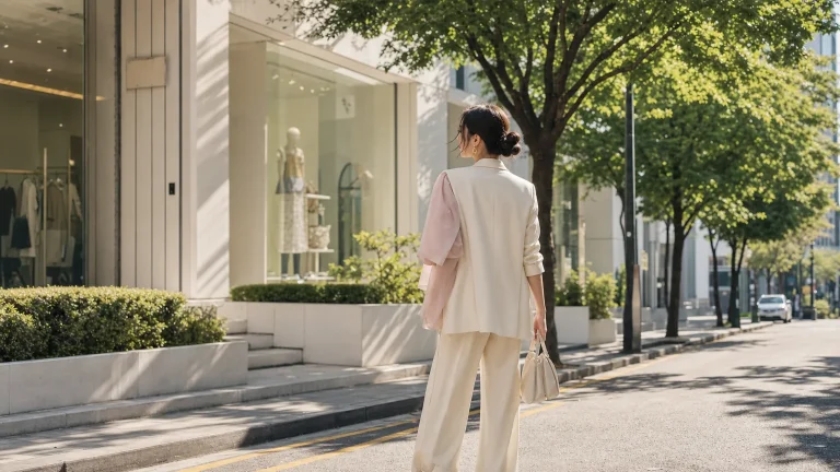 Anonymous fashion figure in an airy ivory outfit on a leafy Seoul street
