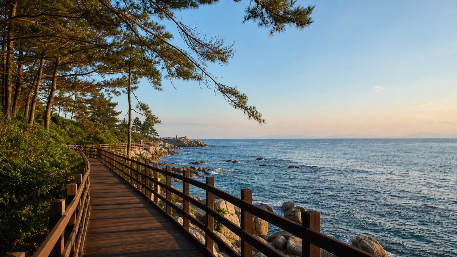 Wooden coastal path beside pine trees and the East Sea near Sokcho.
