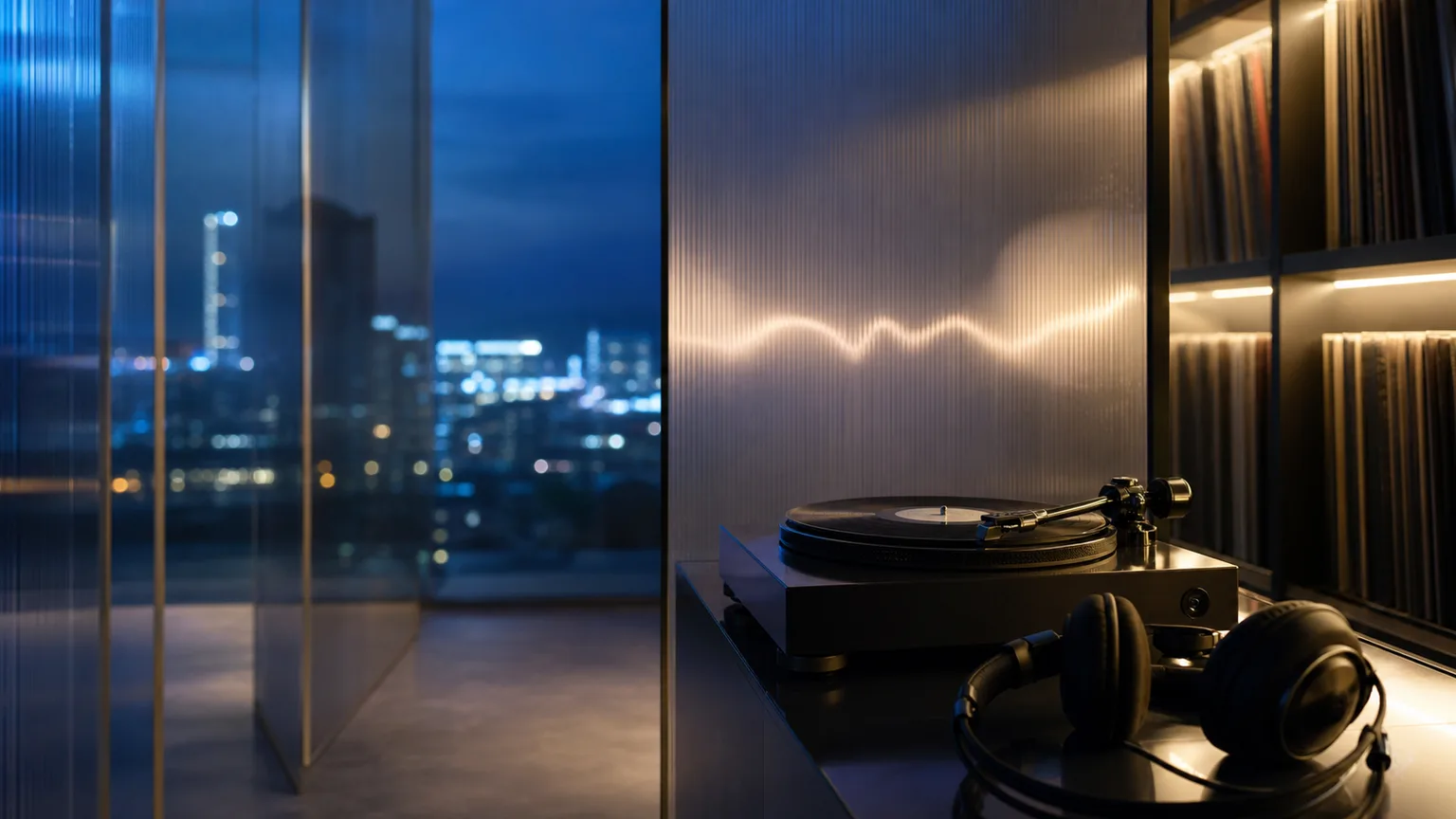 An unlabelled turntable and headphones in a quiet Seoul-inspired listening room