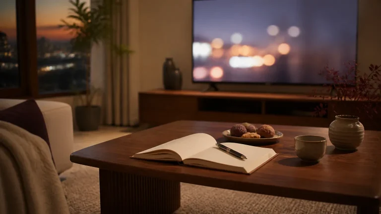 Warm Korean apartment living room with a low table, notebook and softly blurred television glow
