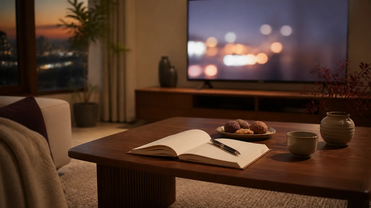 Warm Korean apartment living room with a low table, notebook and softly blurred television glow