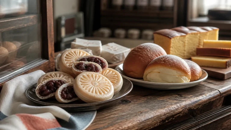 Monaka wafers with red bean filling beside classic bakery breads on a vintage wooden counter