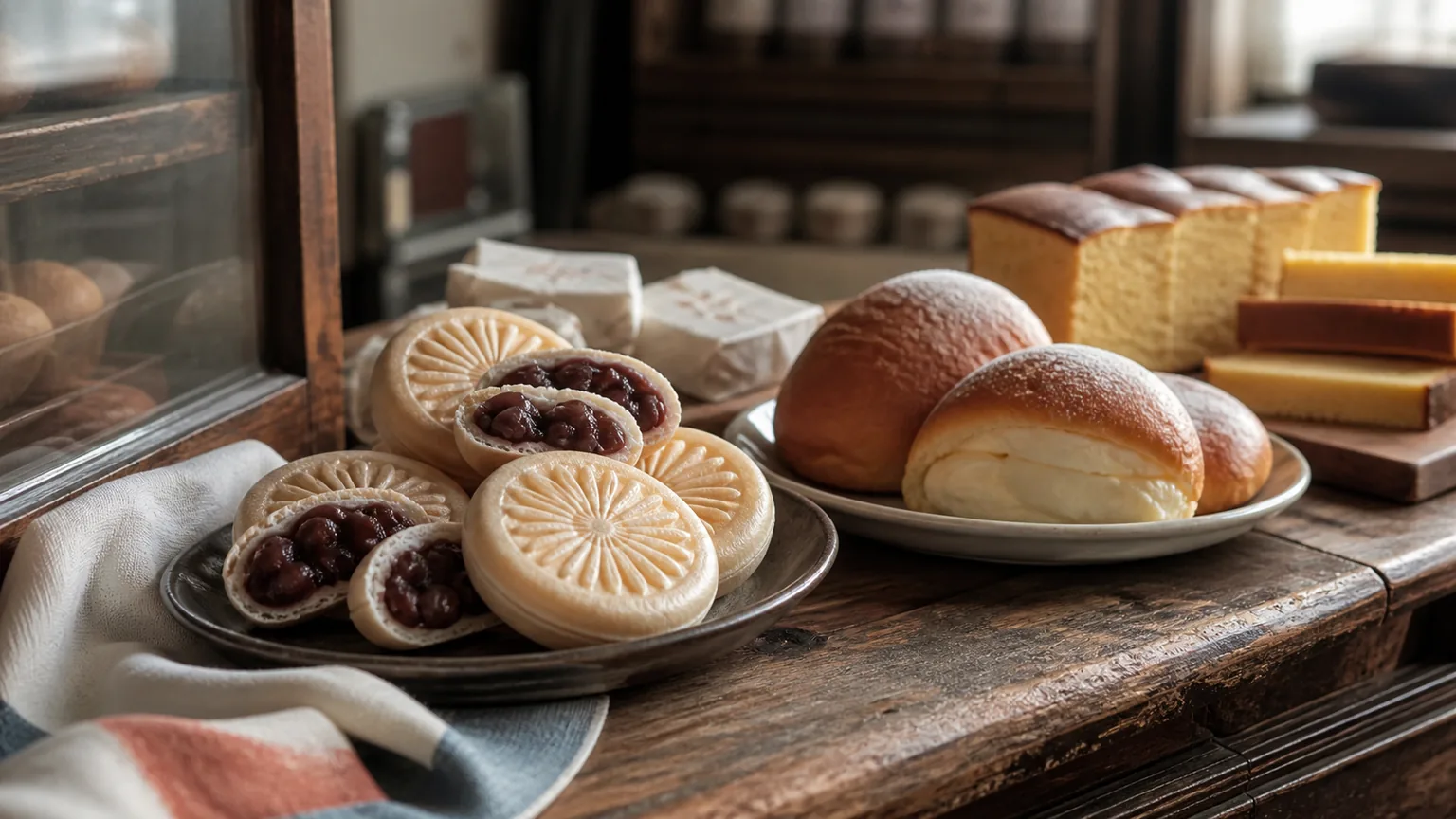 Monaka wafers with red bean filling beside classic bakery breads on a vintage wooden counter