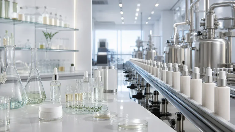 Cosmetic formulation laboratory connected to a production line of unbranded skincare bottles