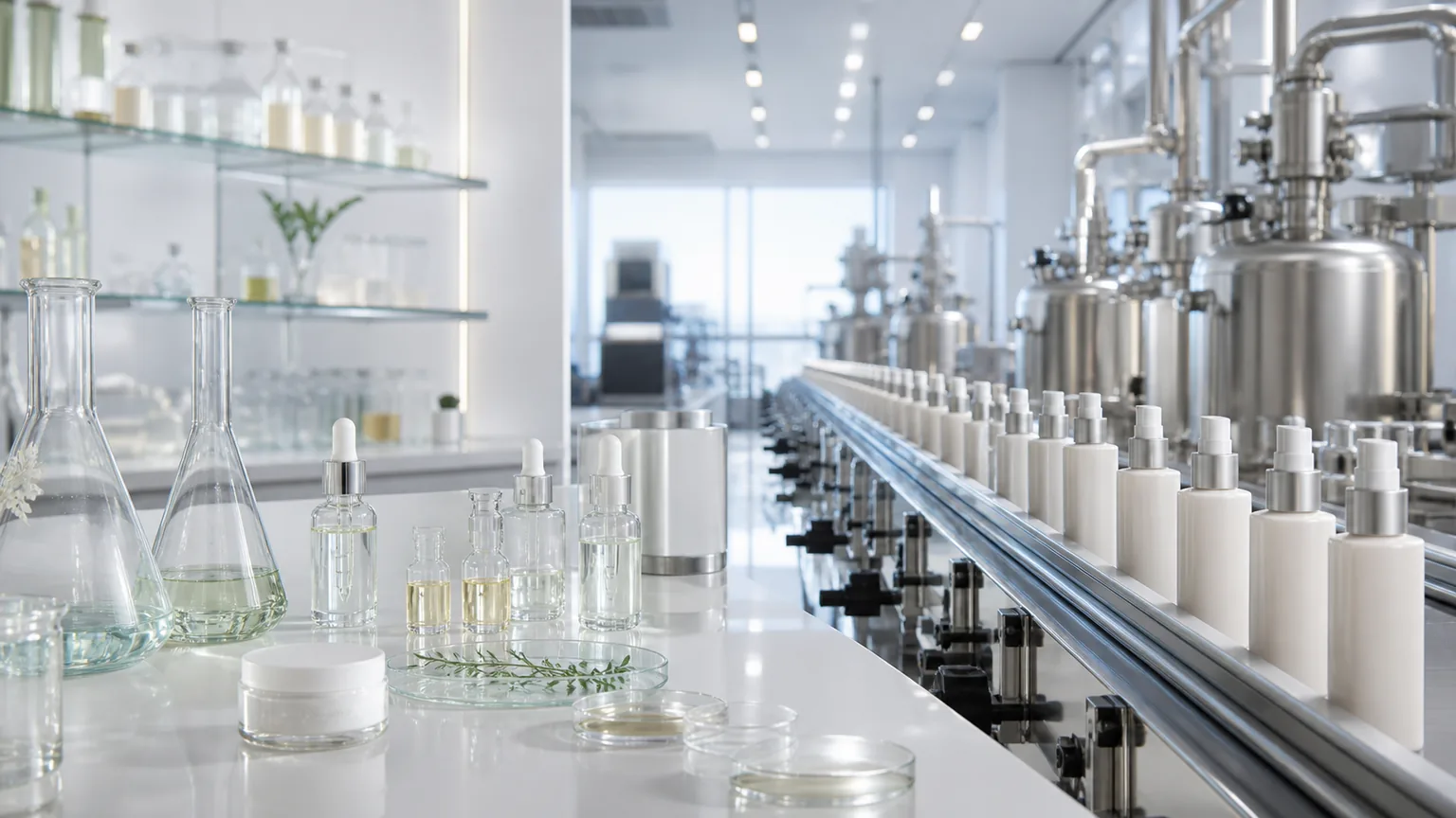 Cosmetic formulation laboratory connected to a production line of unbranded skincare bottles