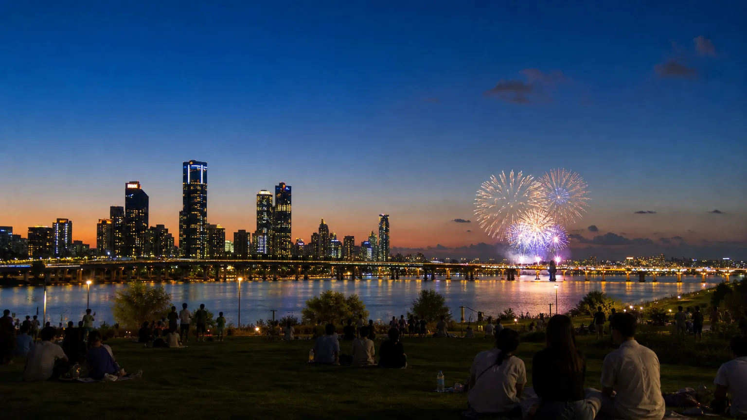 Illustrative Seoul riverside scene at blue hour with a fireworks burst above the city skyline
