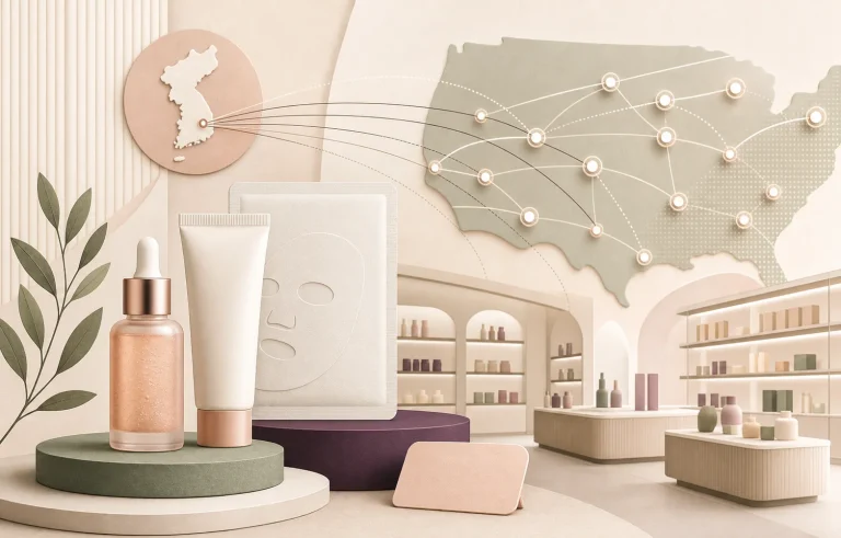 Conceptual illustration of Korean beauty products connected to a U.S. retail network