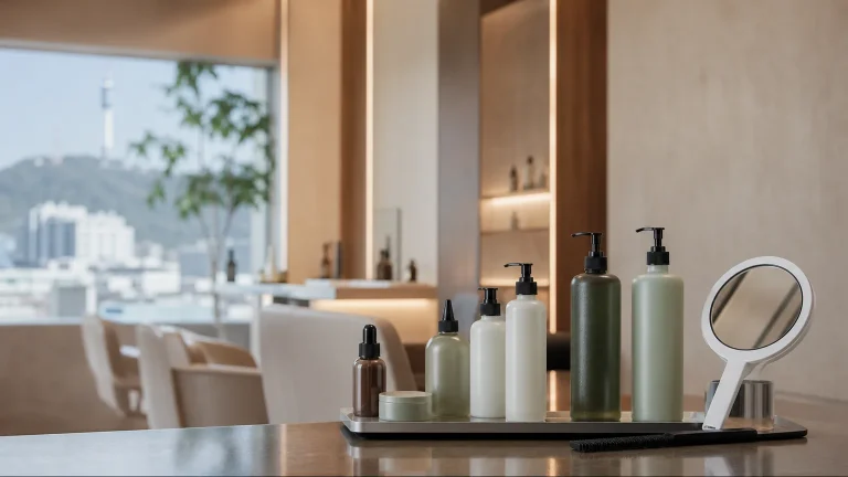 An unbranded scalp-care consultation counter in a contemporary Seoul-inspired salon setting
