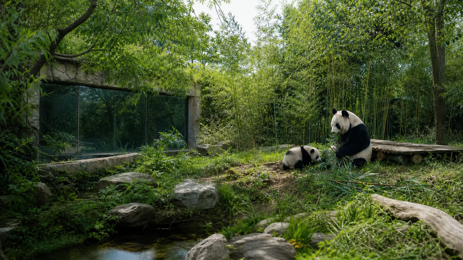 A mother giant panda and cub in a naturalistic zoo habitat