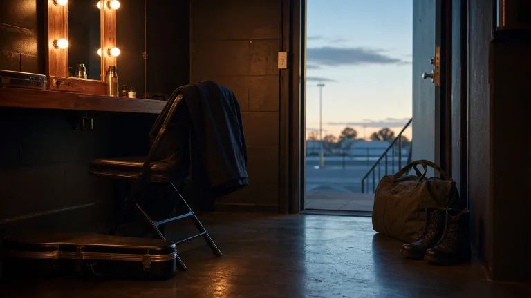An empty backstage dressing room with a microphone case, travel duffel and boots beside an open door at dawn