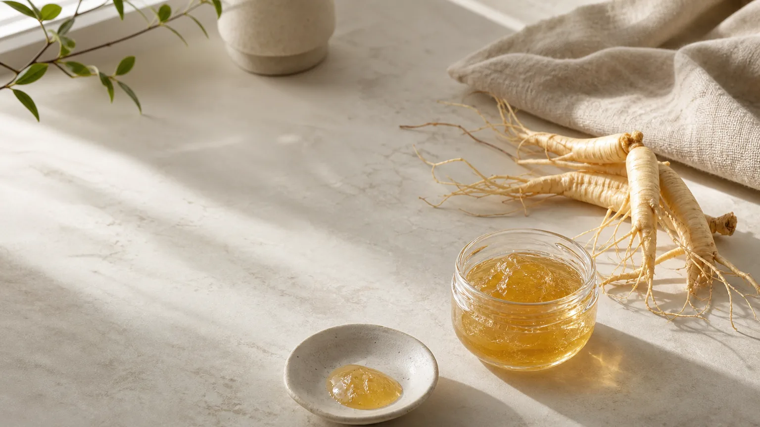 Editorial still life of pale ginseng roots and golden gel on a cream stone surface