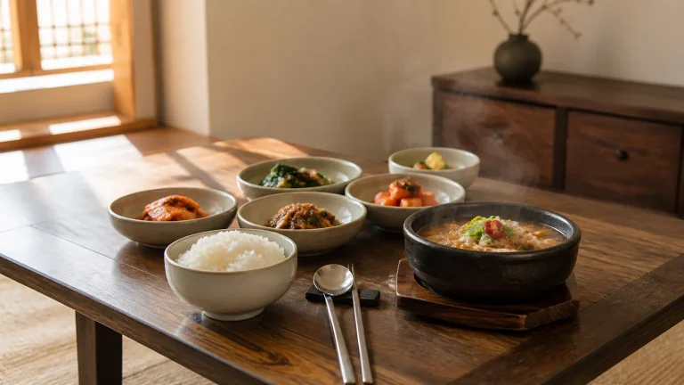 Editorial Korean shared meal with rice, soup, side dishes, spoon and chopsticks