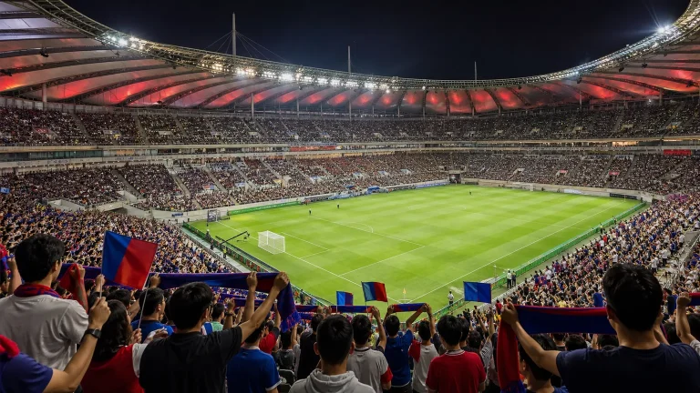 AI-generated wide editorial view of an unbranded football crowd in a Seoul-style stadium at night