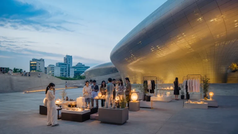 Editorial interpretation of a Seoul lifestyle display outside Dongdaemun Design Plaza at dusk