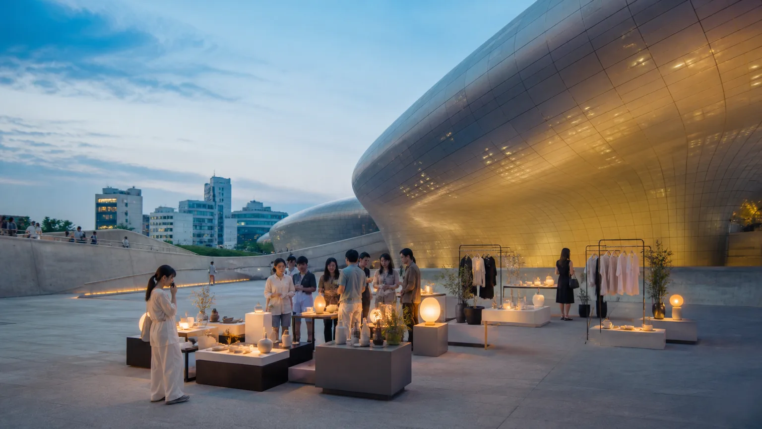 Editorial interpretation of a Seoul lifestyle display outside Dongdaemun Design Plaza at dusk