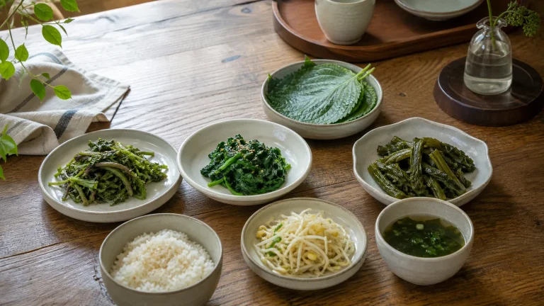 Korean vegetarian table with several namul vegetable side dishes and rice