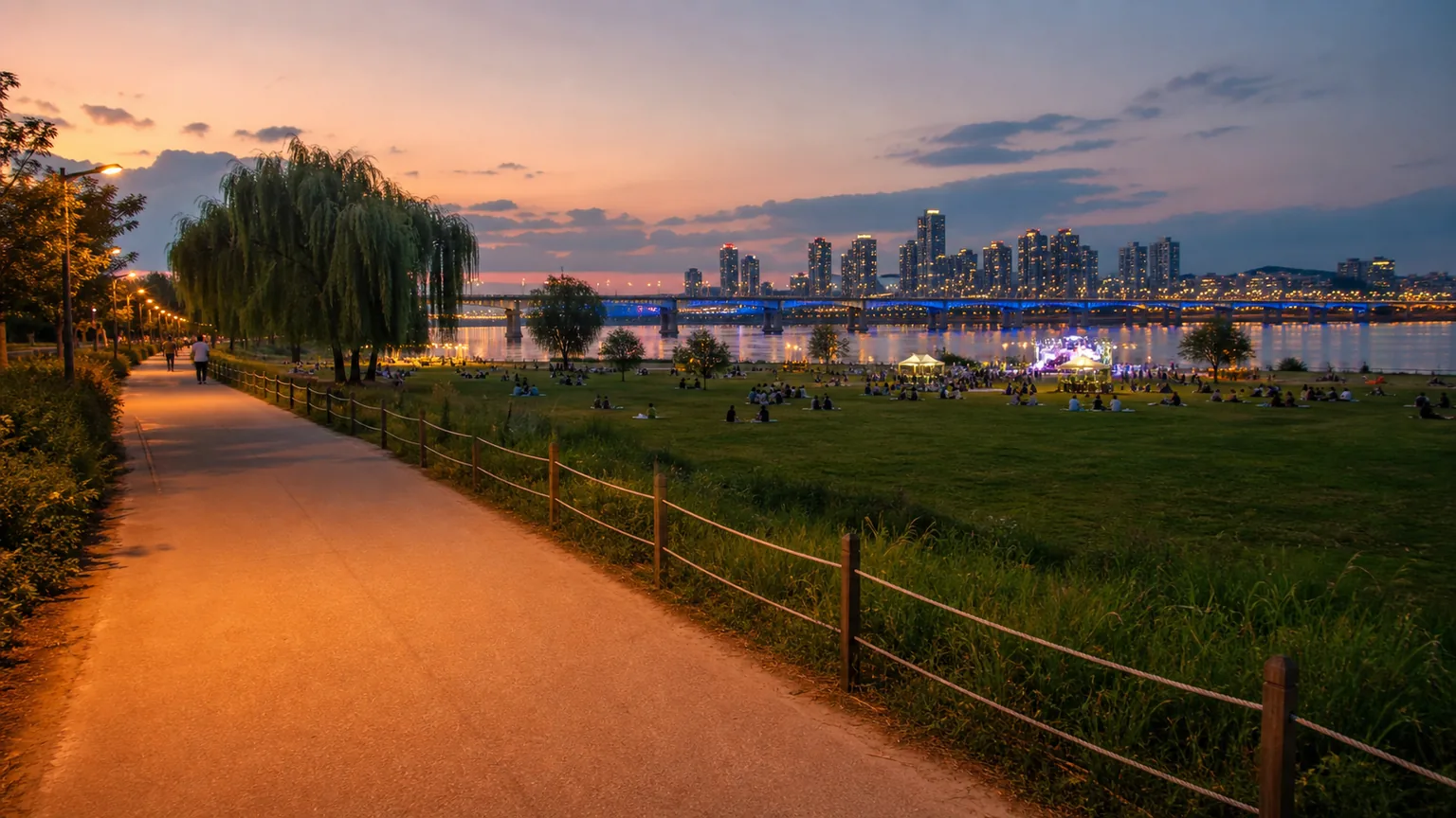 Evening view of people relaxing beside Seoul Han River with a bridge in the background