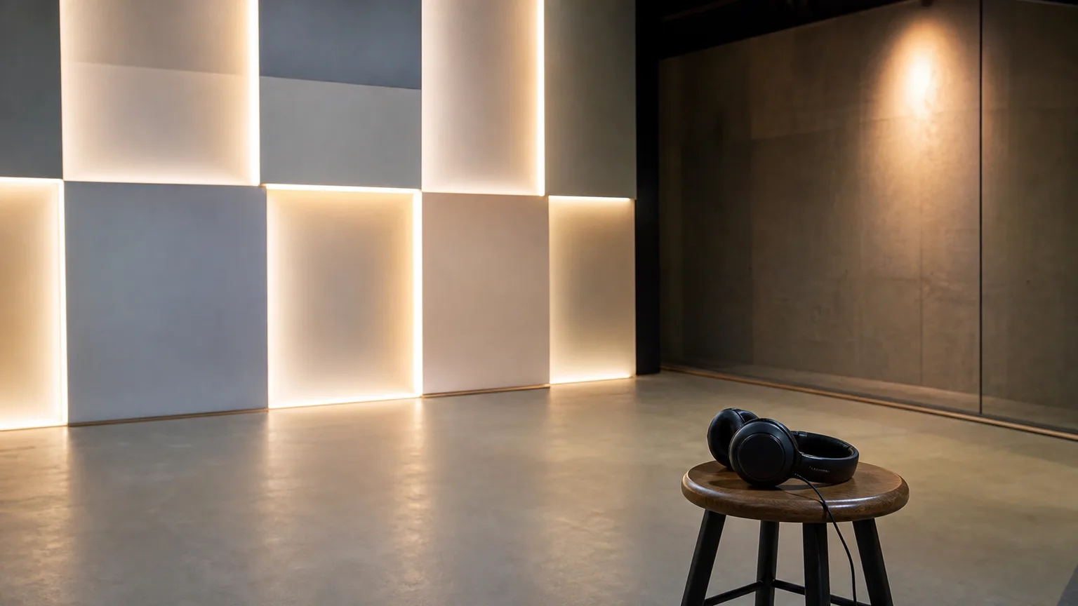 An empty modern multimedia studio with headphones and geometric light panels
