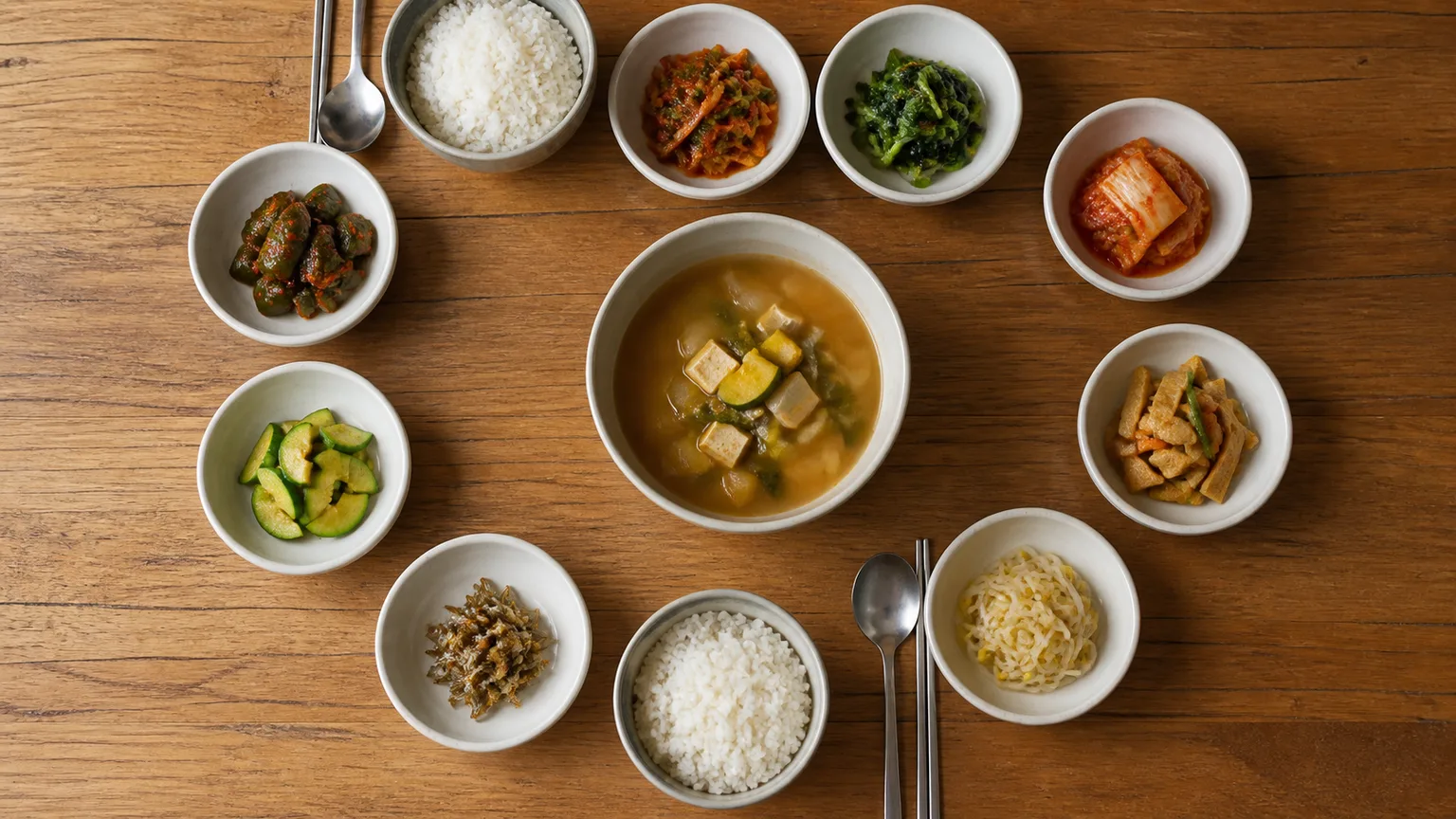 Top-down editorial view of a Korean shared meal with rice, soup, banchan, spoon and chopsticks