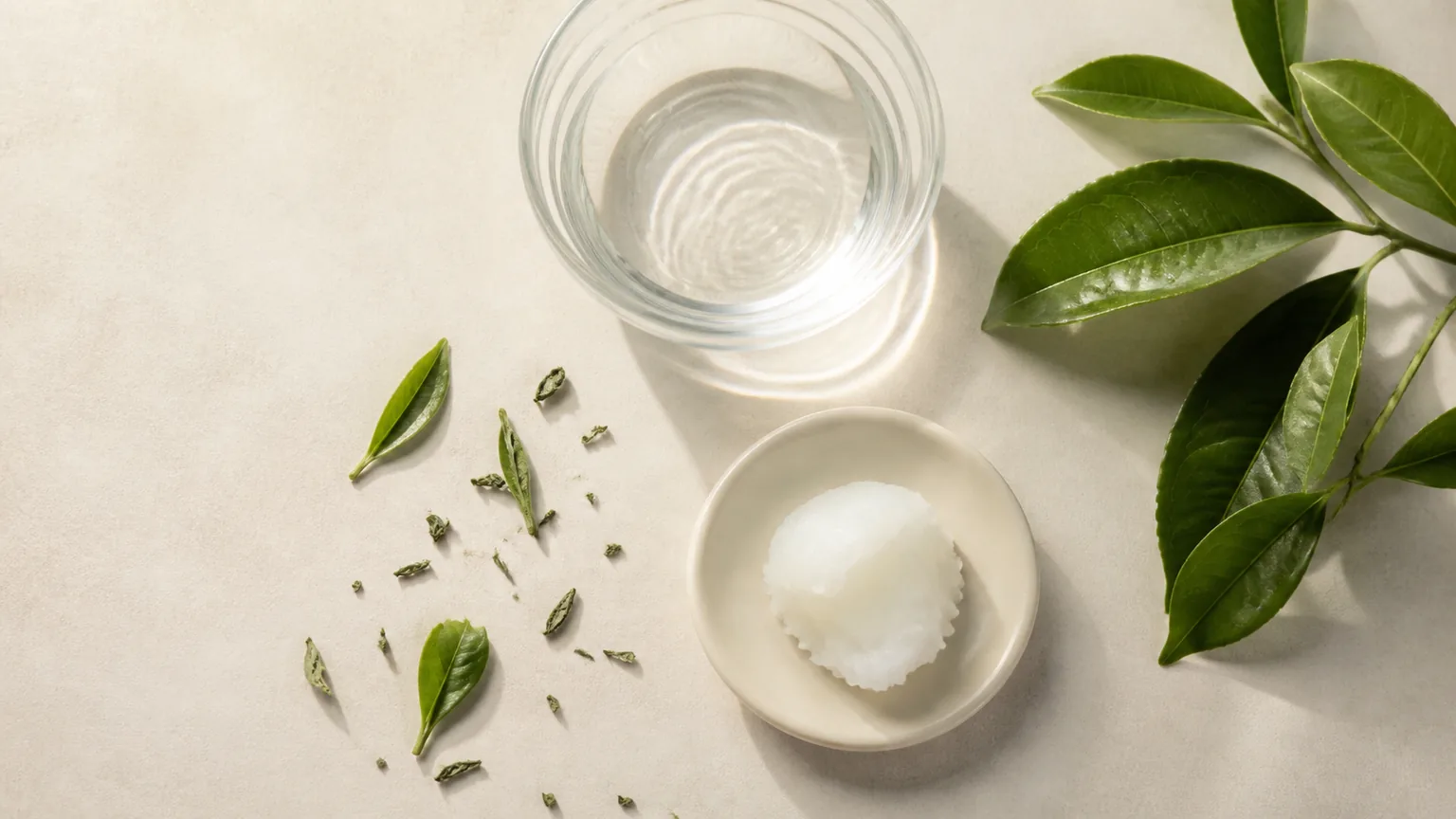 A small swirl of cleansing balm with green tea leaves and water in a minimalist skincare still life.