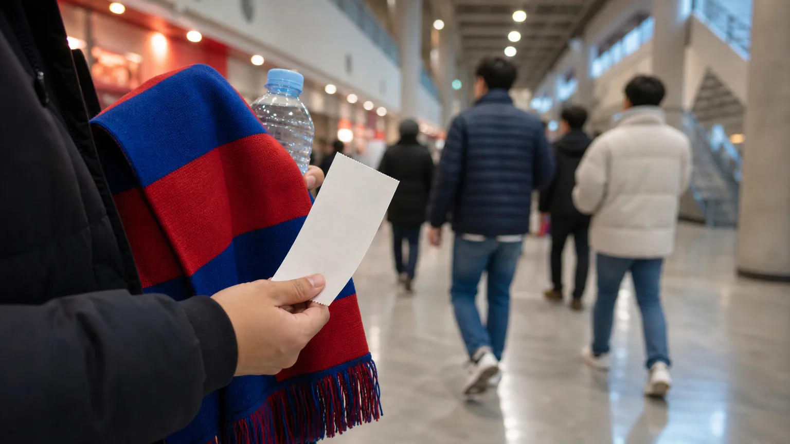 AI-generated close editorial view of a supporter holding an unbranded scarf, water bottle, and blank ticket in a stadium concourse