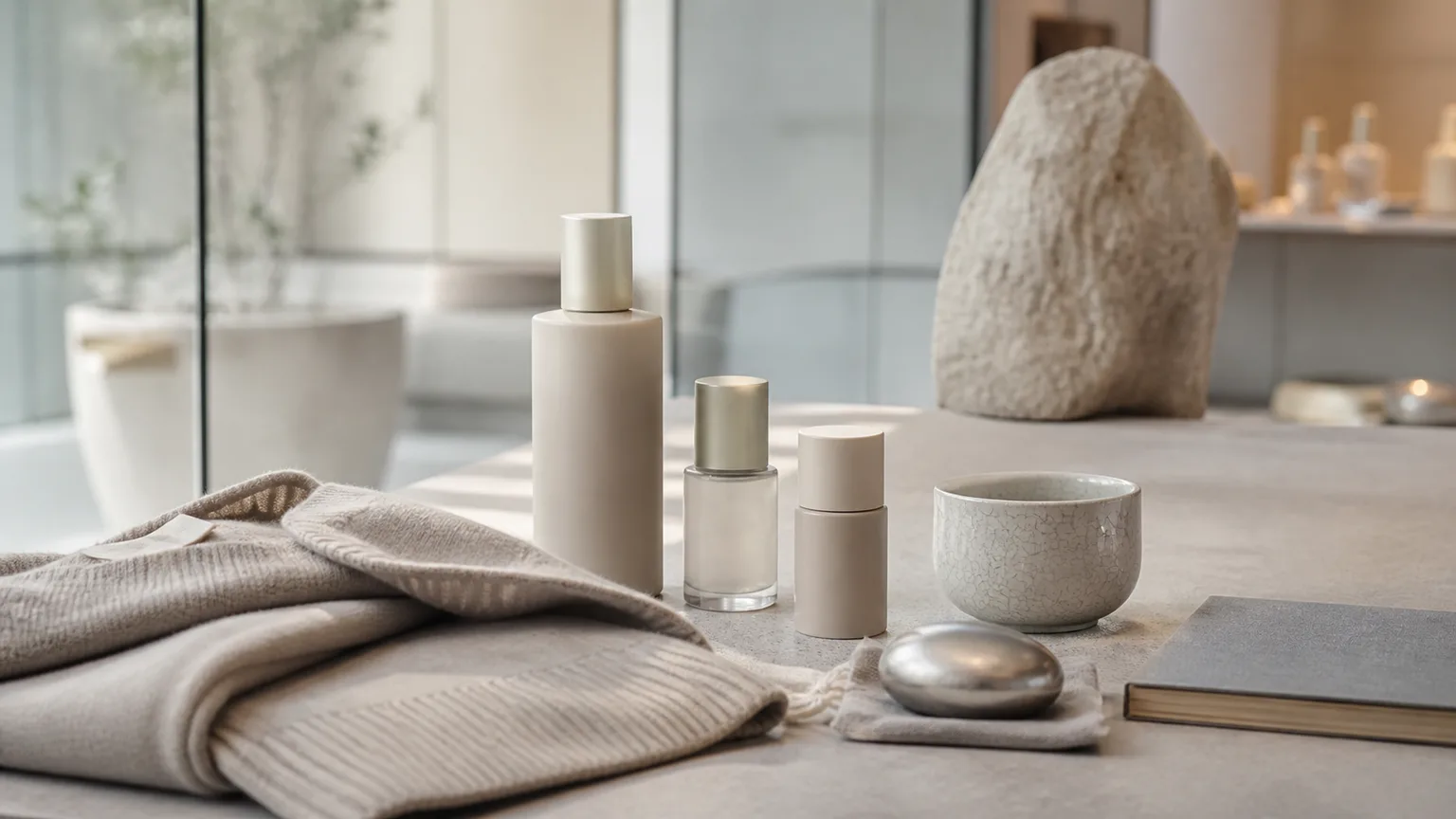 Editorial still life suggesting fashion, beauty, tea, and wellness in a Seoul design setting
