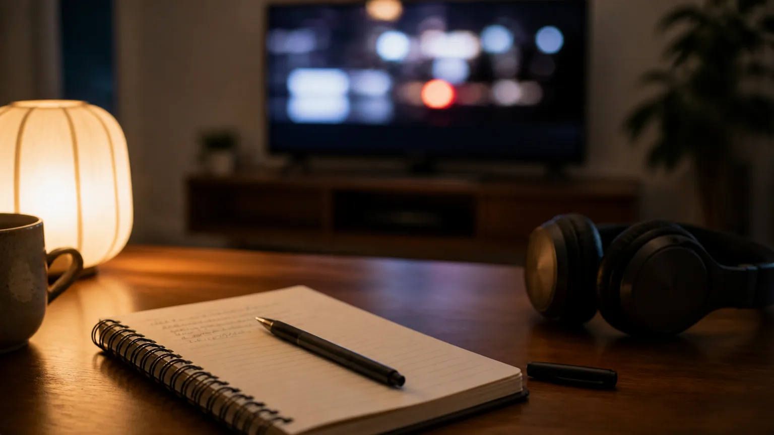 A Korean television-style viewing scene with a notebook, Korean subtitle lines and two cups on a low table