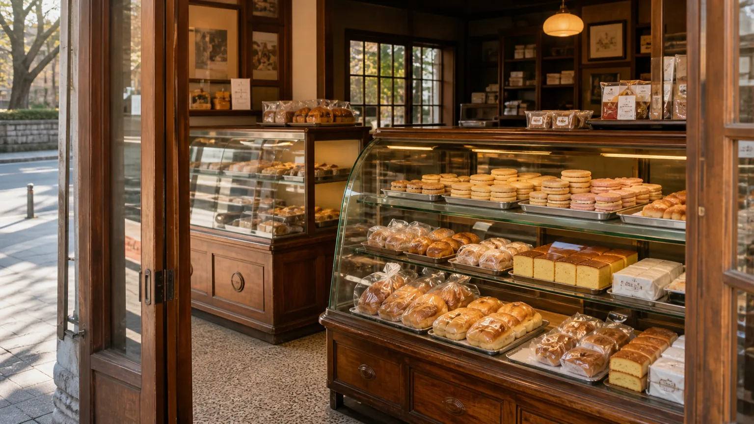 Warm wood-and-glass heritage bakery interior with displays of monaka and classic breads