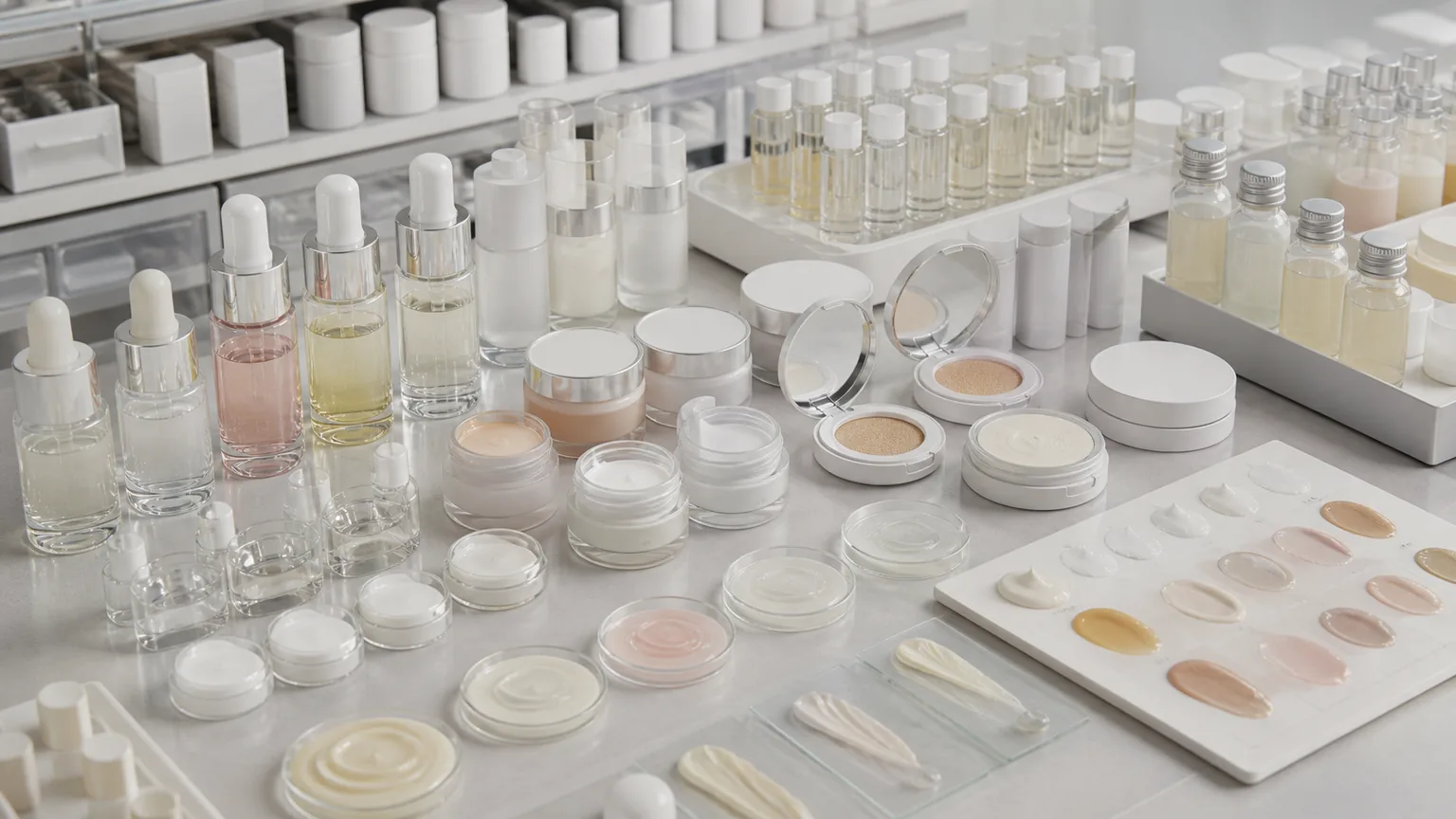 Unbranded skincare prototypes, cosmetic textures and formulation samples arranged in a product development studio