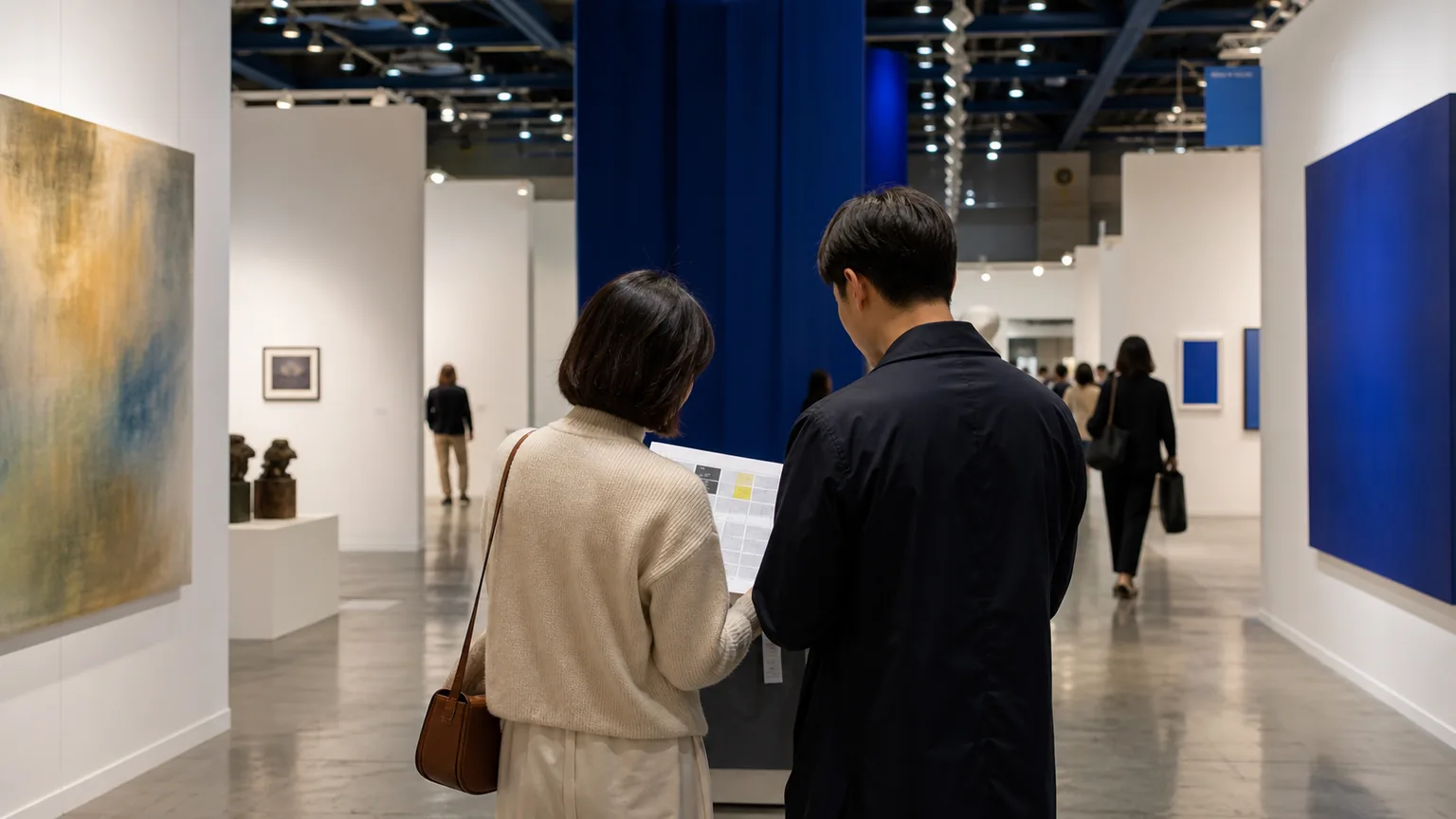 AI-generated editorial image of visitors viewing contemporary art in a convention-center gallery corridor