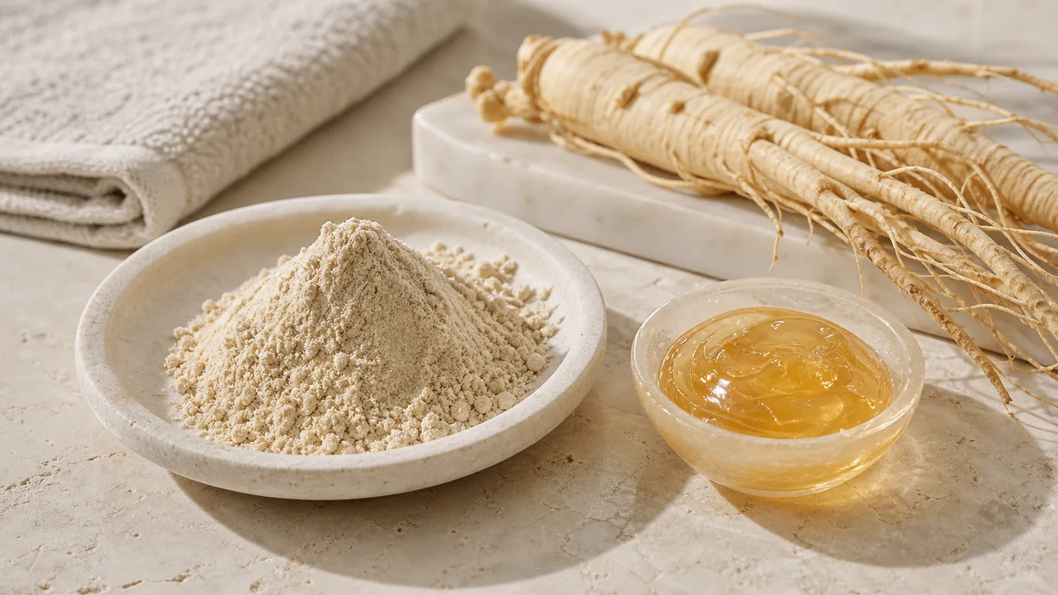 Editorial still life of pale ginseng powder, ginseng roots and golden gel in a glass bowl