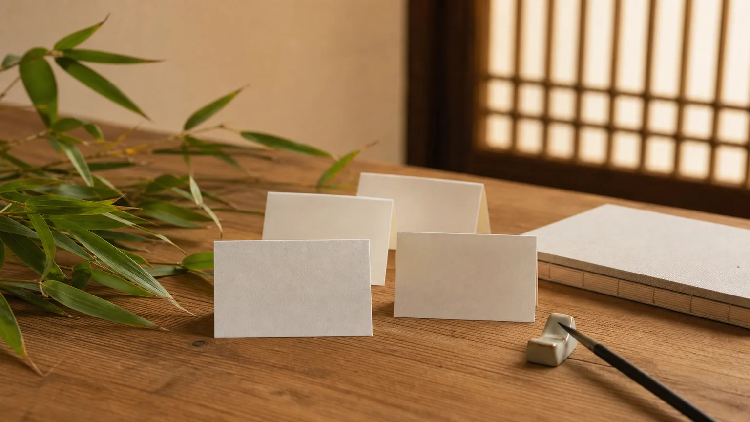 Blank paper name cards beside bamboo leaves on a wooden table