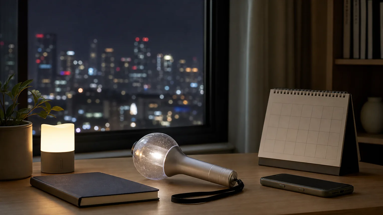 A generic concert light wand, blank calendar, notebook and face-down phone on a desk overlooking Seoul at night
