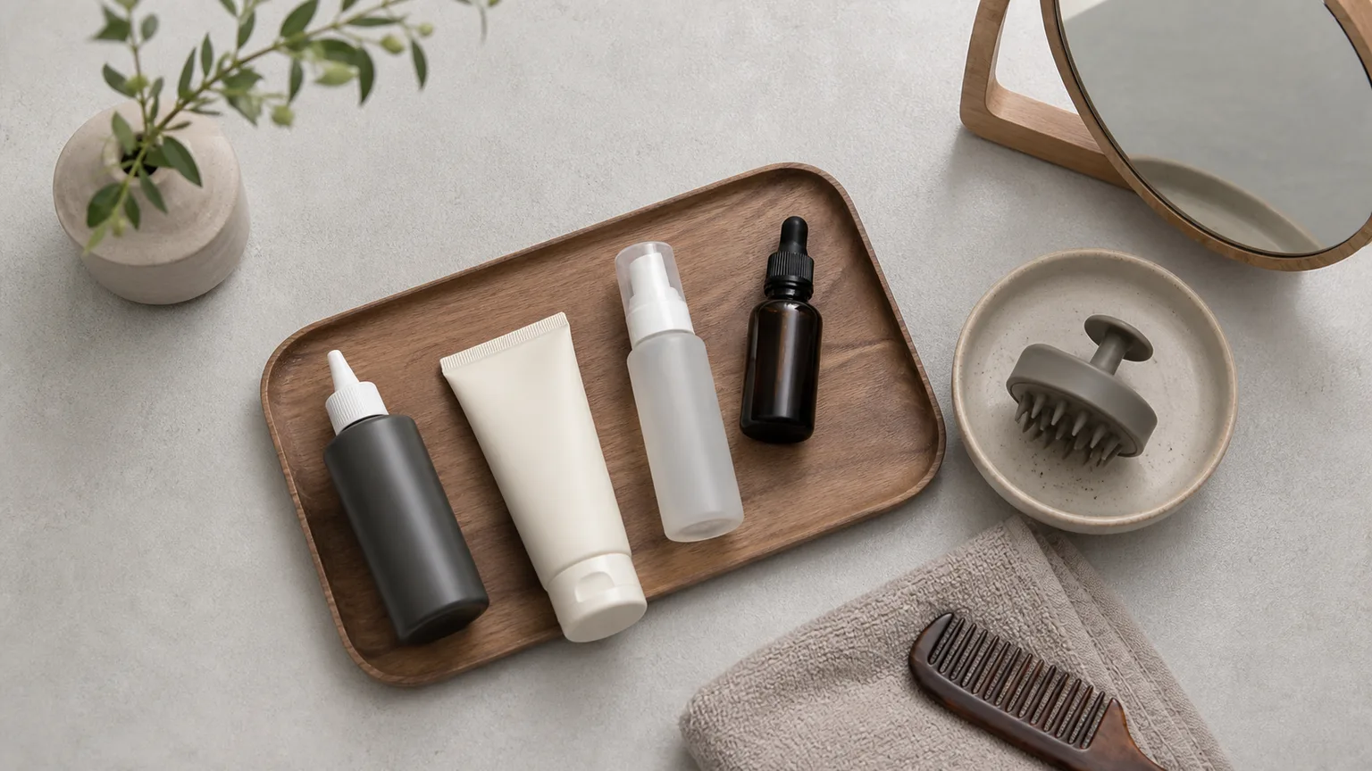 An unbranded Korean-style hair consultation arrangement with a comb, towel, mirror and generic care bottles
